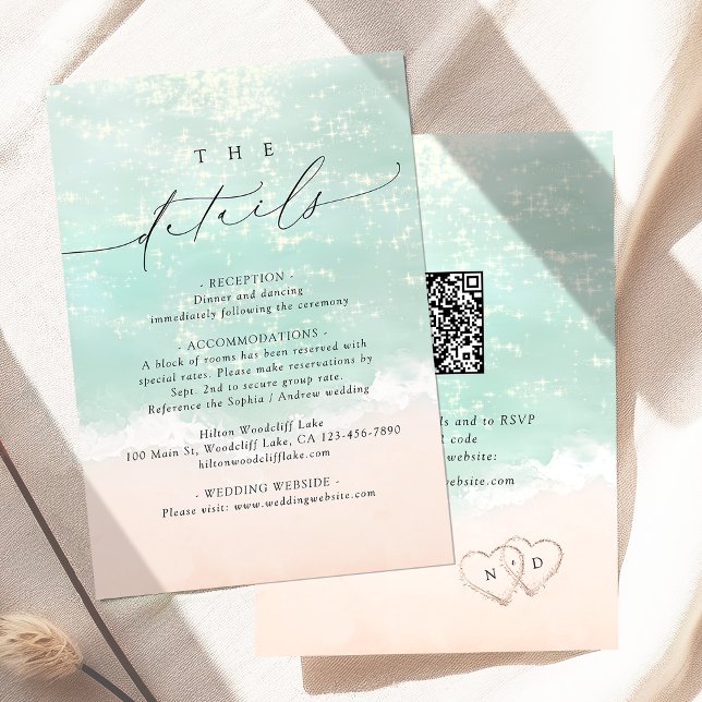 Modern Script Sand Hearts Beach Wedding Details Enclosure Card (Modern Script Sand Hearts Beach Wedding Details Enclosure Card)