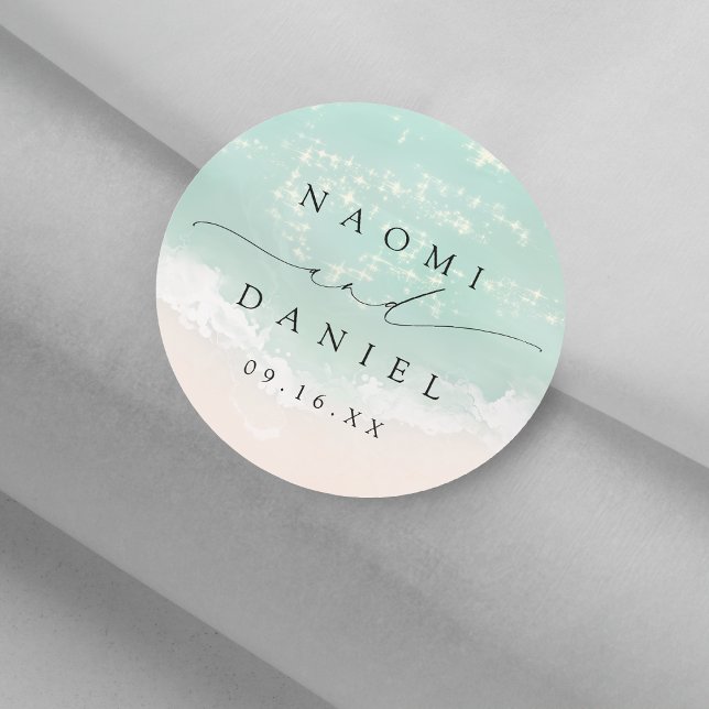 Modern Script Sand Hearts Beach Wedding Favors Classic Round Sticker (Modern Script Sand Hearts Beach Wedding Favors Classic Round Sticker)