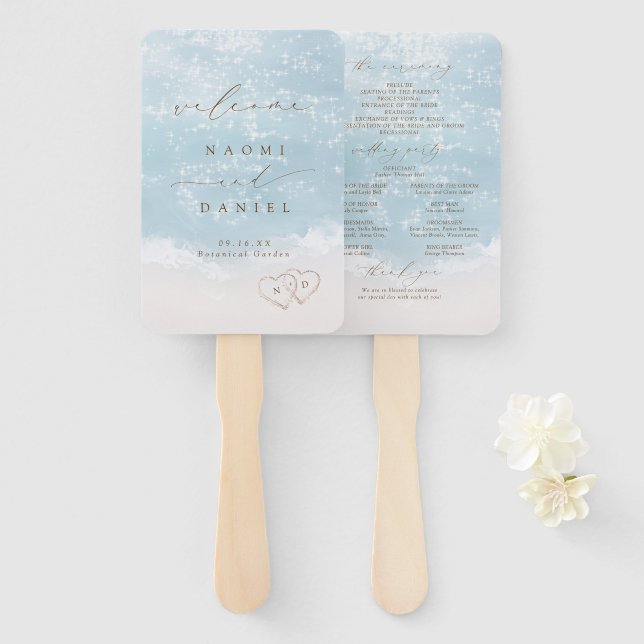 Modern Script Sand Hearts Beach Wedding Program Hand Fan (Front and Back)