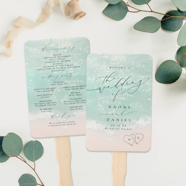 Modern Script Sand Hearts Beach Wedding Program Hand Fan (Modern Script Sand Hearts Beach Wedding Program Hand Fan)