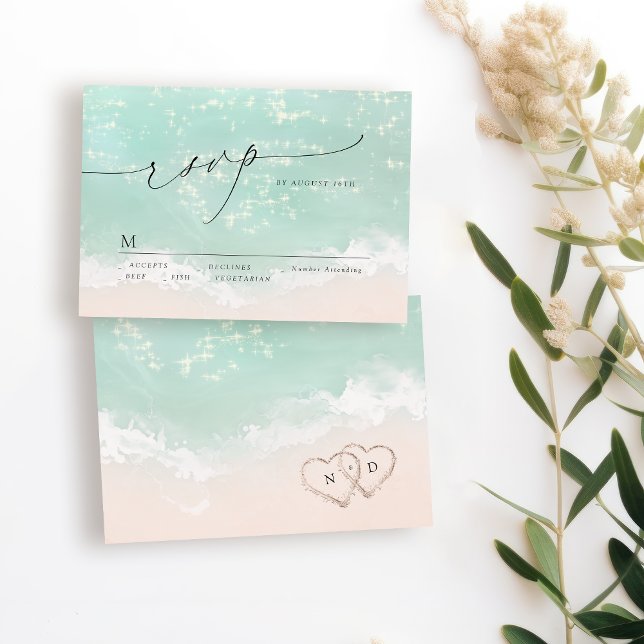 Modern Script Sand Hearts Beach Wedding RSVP (Modern Script Sand Hearts Beach Wedding RSVP)