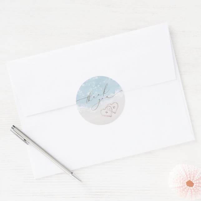 Modern Script Sand Hearts Beach Wedding Thank You Classic Round Sticker (Envelope)