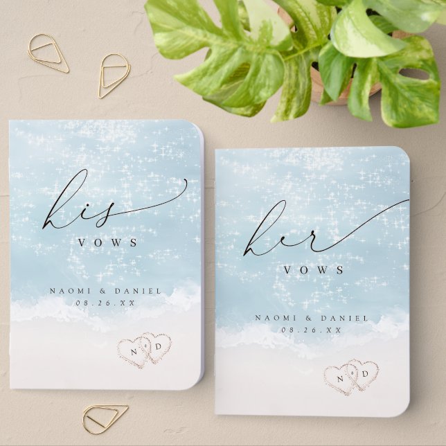 Modern Script Sand Hearts Beach Wedding Vows Book (Desk)