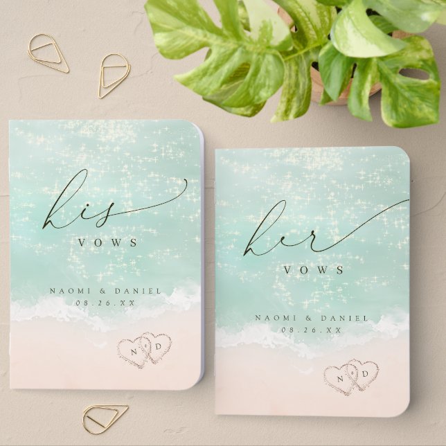 Modern Script Sand Hearts Beach Wedding Vows Book (Desk)