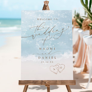 Modern Script Sand Hearts Beach Wedding Welcome Foam Board