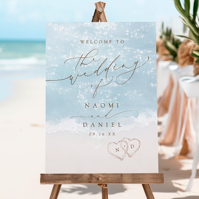 Modern Script Sand Hearts Beach Wedding Welcome Foam Board (Modern Script Sand Hearts Beach Wedding Welcome Foam Board)