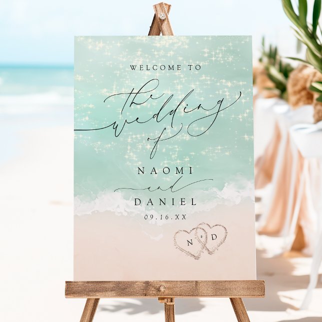 Modern Script Sand Hearts Beach Wedding Welcome Foam Board (Modern Script Sand Hearts Beach Wedding Welcome Foam Board)