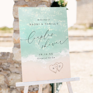 Modern Script Sand Hearts Couples Shower Sign
