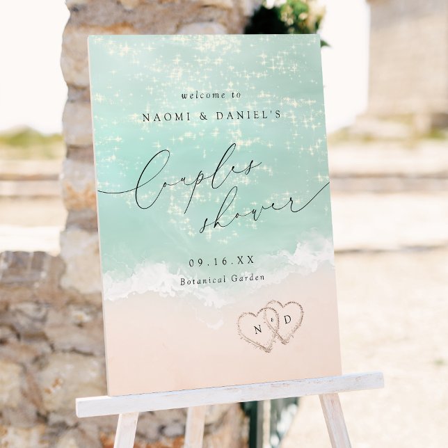 Modern Script Sand Hearts Couples Shower Sign (Modern Script Sand Hearts Couples Shower Sign)