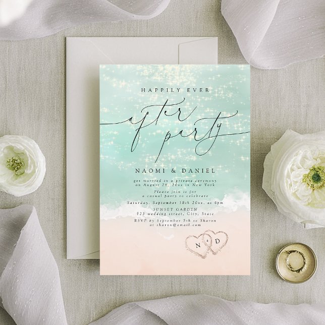 Modern Script Sand Hearts Happily Ever After Party Invitation (Modern Script Sand Hearts Happily Ever After Party Invitation)