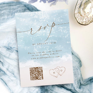 Modern Script Sand Hearts QR Code Beach Wedding RSVP Card