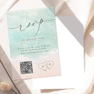 Modern Script Sand Hearts QR Code Beach Wedding RSVP Card