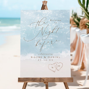 Modern Script Sand Hearts Rehearsal Dinner Sign