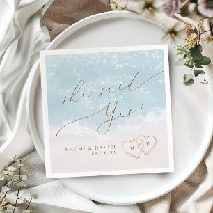 Modern Script Sand Hearts She Said Yes Engagement Napkins