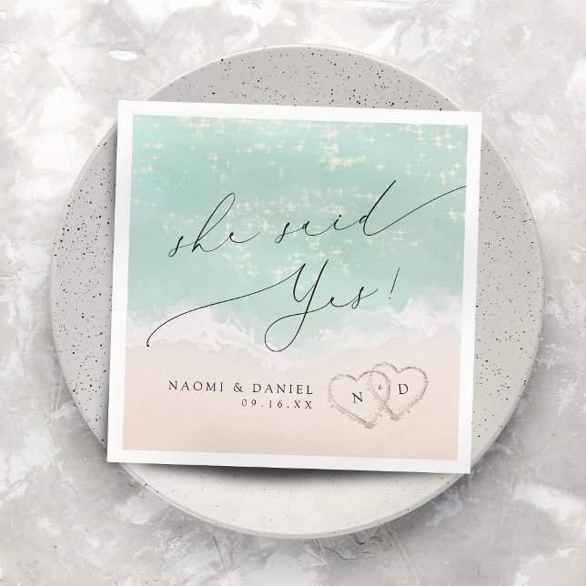 Modern Script Sand Hearts She Said Yes Engagement Napkins (Modern Script Sand Hearts She Said Yes Engagement Napkins)