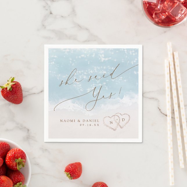 Modern Script Sand Hearts She Said Yes Engagement Napkins (Insitu)