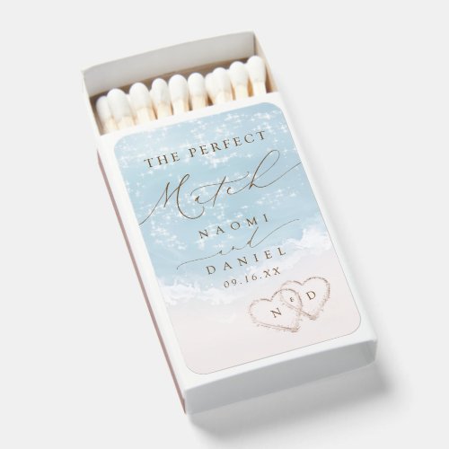 Modern Script Sand Hearts The Perfect Wedding Matchboxes