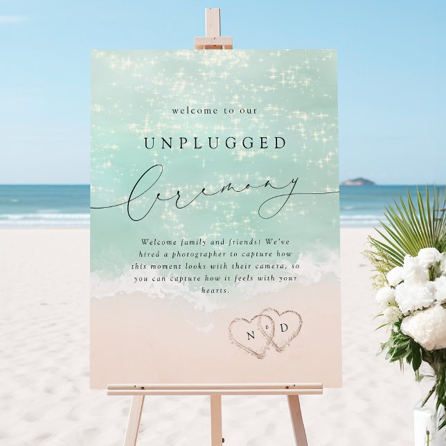 Modern Script Sand Hearts Unplugged Ceremony sign (Modern Script Sand Hearts Unplugged Ceremony sign)