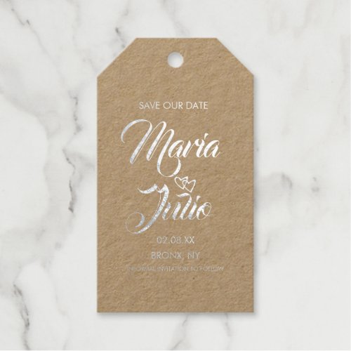 Modern Script Save Our Date Double Hearts Silver Foil Gift Tags