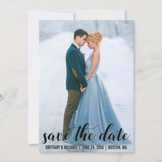 Modern Script Save The Date Engagement Photo BL Invitation (Front)