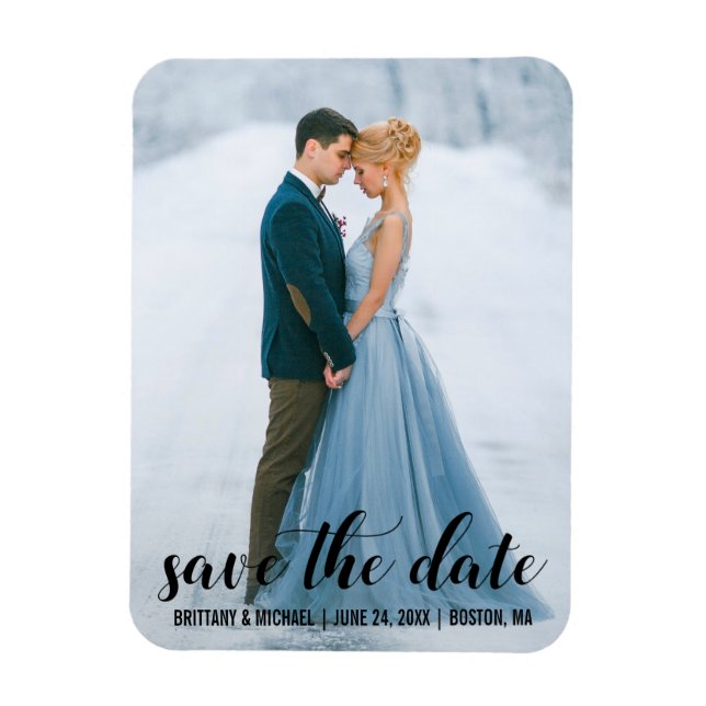 Modern Script Save The Date Engagement Photo BL Magnet (Vertical)