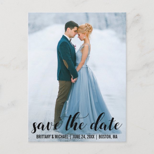 Modern Script Save The Date Engagement Photo BL Postcard (Front)
