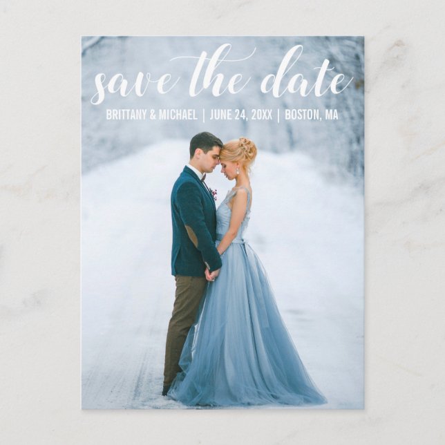 Modern Script Save The Date Engagement Photo W Postcard (Front)