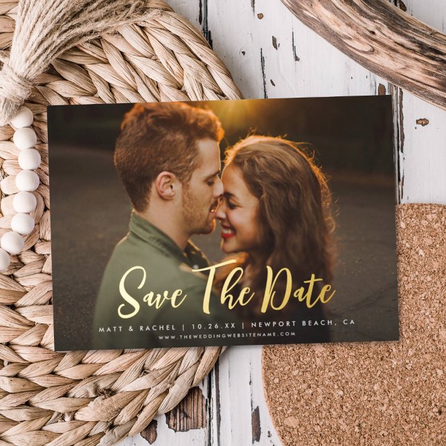 Modern Script SAVE THE DATE Photo REAL Foil Invita Foil Invitation (Creator Uploaded)