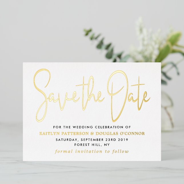 Modern Script Save The Date Real Foil Invitation (Standing Front)