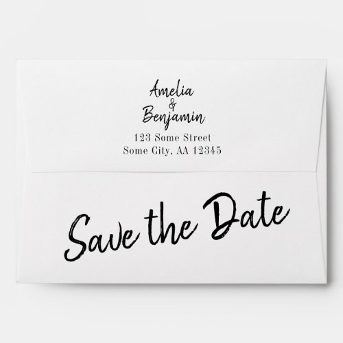 Modern Script Save the Date Return Address Wedding Envelope - Modern Script Save the Date Return Address Wedding envelope. Personalize the envelope with the bride`s and groom`s names and the address. Change or erase the Save the date text. Great for your wedding, engagement and save the date mailing.
