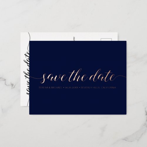 Modern Script Save the date Wedding Blue Rose Gold Foil Invitation Postcard