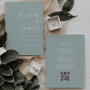 Modern Script Sea Glass Green QR Code Wedding Invitation