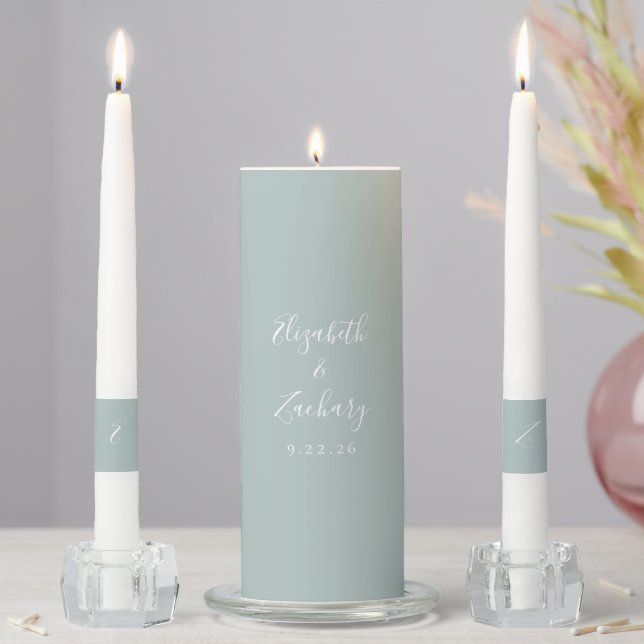 Modern Script Sea Glass Green Wedding Unity Candle Set (In Situ)