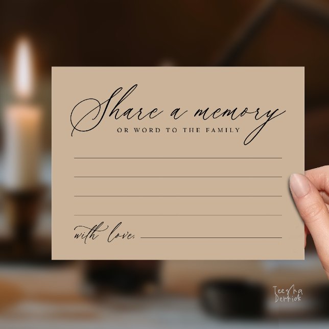 Modern Script Share a Memory Funeral Note Card (Modern Script Share a Memory Funeral Note Card in Black and Tan Kraft)
