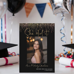 Modern Script She did it! Gold Photo Graduation Invitation