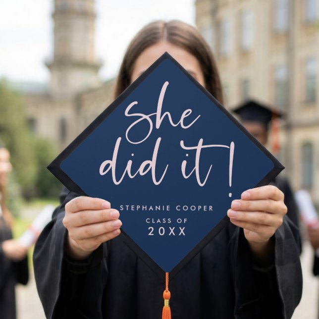 Modern Script She Did It Name Graduation Navy Cap Topper (Creator Uploaded)