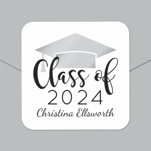 Modern Script Silver 2024 Custom Graduation Square Sticker