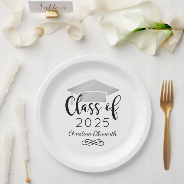 Modern Script Silver 2025 Custom Graduation Paper Plates (Wedding)