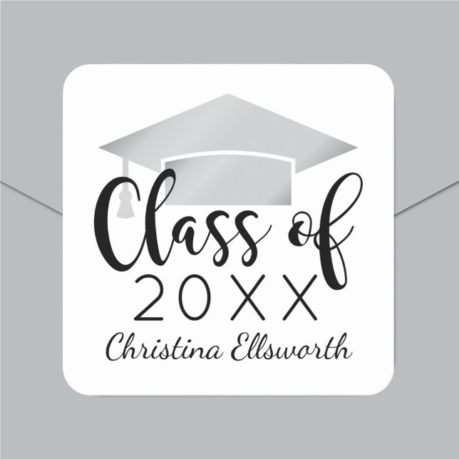 Modern Script Silver 2026 Custom Graduation Square Sticker (Creator Uploaded)