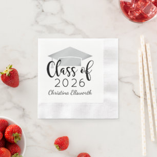 Modern Script Silver Cap 2026 Graduation Party Napkins