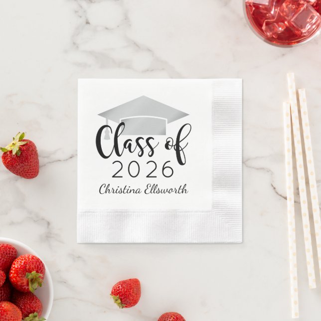 Modern Script Silver Cap 2026 Graduation Party Napkins (Insitu)