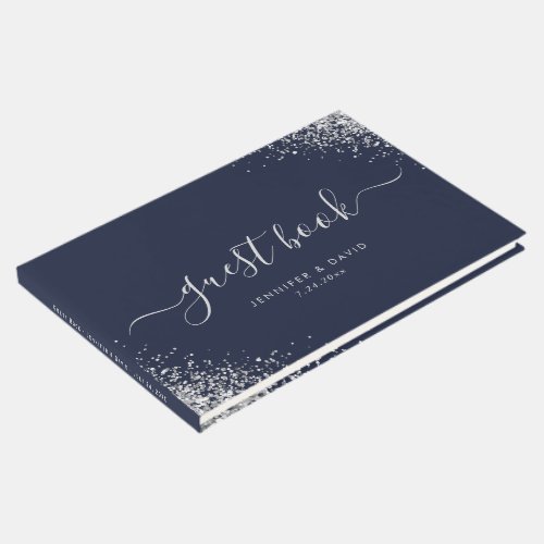 Modern Script Silver Glitter Navy Blue Wedding Guest Book