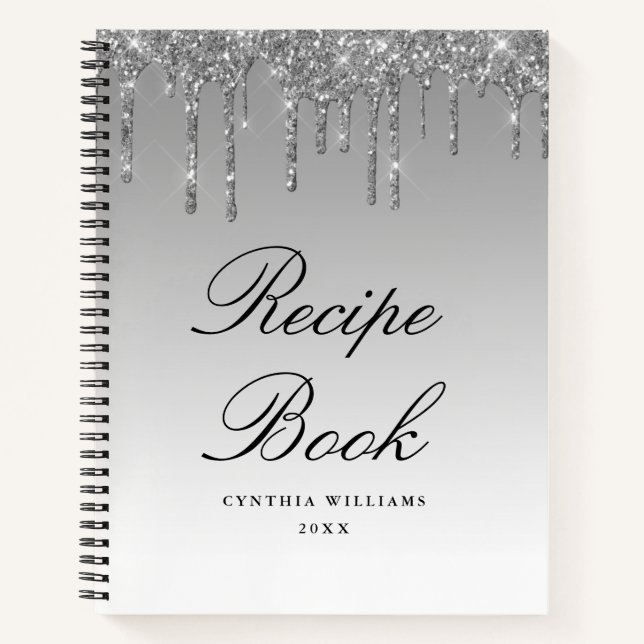 modern script silver glitter Recipe Book (Front)