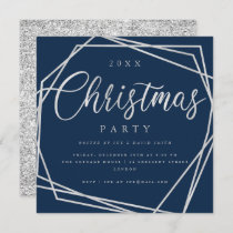 MODERN Script Silver Navy Glitter Christmas Party Invitation