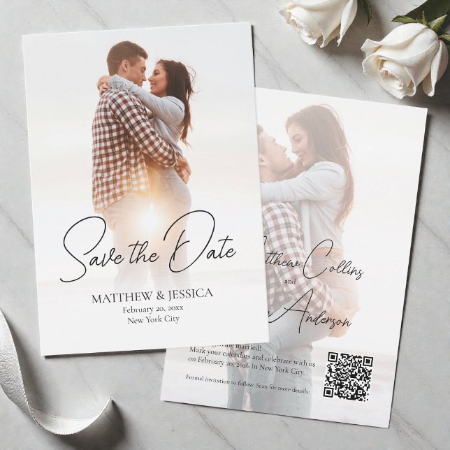 Modern Script Simple 2 Photo Wedding QR Code Save The Date (Modern Script Simple 2 Photo Wedding QR Code Save The Date)