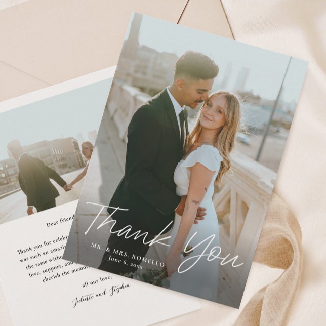 Modern Script Simple 2 Photo Wedding Thank You Card (Handwritten script 2 photo wedding thank you cards.)