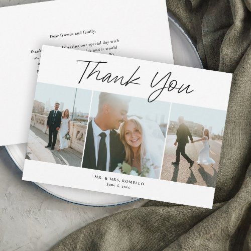 Modern Script Simple 3 Photo Wedding Thank You Card