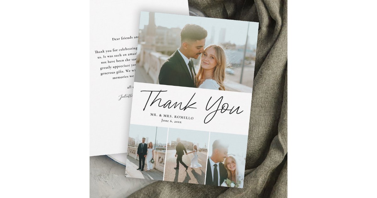 Modern Script Simple 4 Photo Wedding Thank You Card | Zazzle