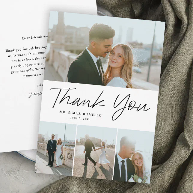 Modern Script Simple 4 Photo Wedding Thank You Card | Zazzle