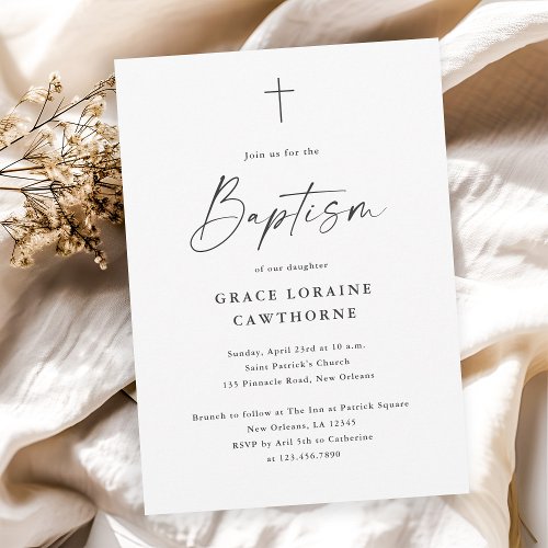 Modern Script Simple Black and White Baptism Invitation